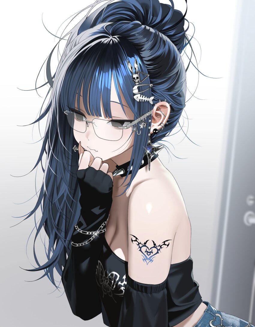 1girl bare_shoulders black_choker black_eyes black_shirt blue_hair breasts chiromi choker cleavage crop_top detached_sleeves ear_piercing glasses hair_ornament hairclip hand_up highres long_sleeves looking_ahead medium_breasts midriff original piercing ponytail rimless_eyewear shirt shoulder_tattoo solo spiked_choker spikes strapless strapless_shirt tattoo upper_body