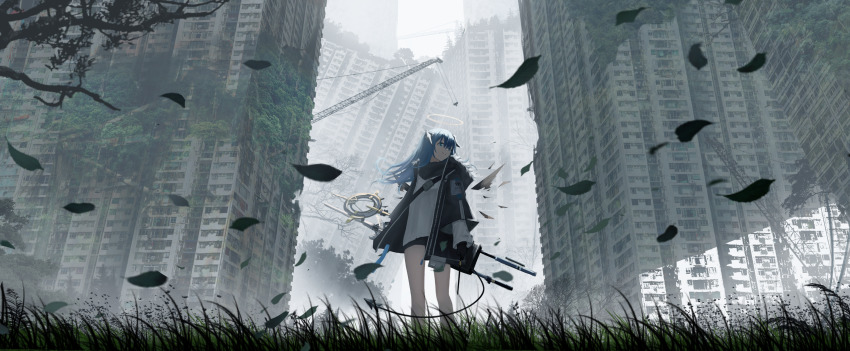 1girl absurdres arknights black_gloves black_jacket blue_eyes blue_hair building closed_mouth commentary_request crane_(machine) de4d_fish demon_horns detached_wings gloves halo highres horns jacket leaf long_hair long_sleeves mostima_(arknights) open_clothes open_jacket outdoors ruins scenery shirt skyscraper smile solo standing white_shirt wings