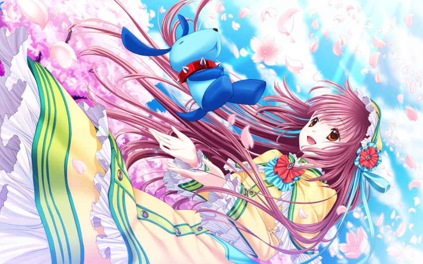 00s 1girl 33paradox brown_eyes brown_hair cherry_blossoms cloud colorized female_focus flower flyx2 hanato_kobato hat highres ioryogi kobato. long_hair outdoors petals plant sky solo standing stuffed_animal stuffed_toy