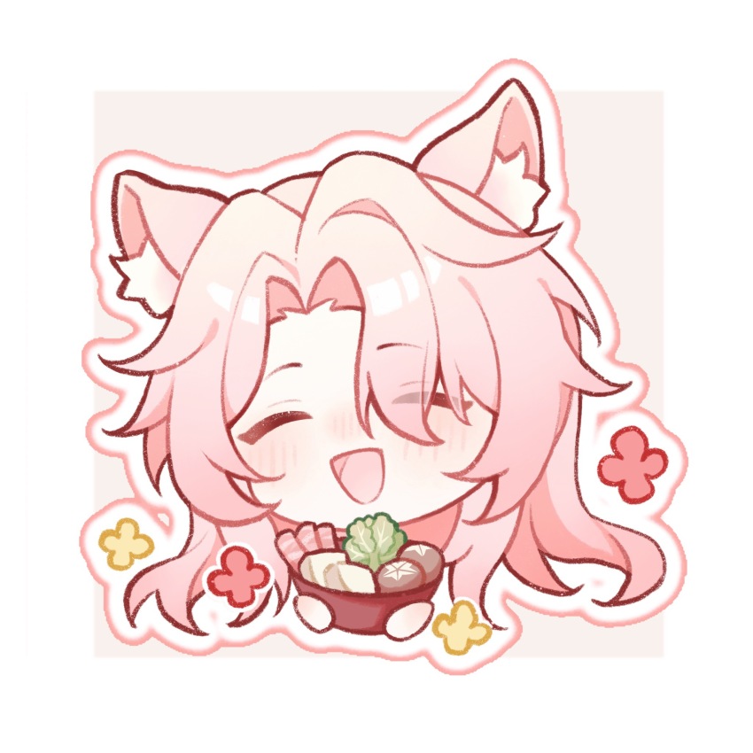 1boy :d animal_ears border bowl chibi chibi_only chinese_commentary closed_eyes commentary_request eyes_visible_through_hair food fox_boy fox_ears hair_over_one_eye highres holding holding_bowl honkai:_star_rail honkai_(series) hotpot jiaoqiu_(honkai:_star_rail) lettuce long_hair male_focus open_mouth pink_background pink_hair ruo_qi simple_background smile solo tofu white_border