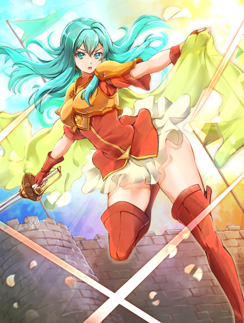 1girl aqua_hair armor blue_eyes blue_hair breastplate cape clear_glass_(mildmild1311) dutch_angle earrings eirika_(fire_emblem) fingerless_gloves fire_emblem fire_emblem:_the_sacred_stones fortress gloves highres holding holding_sword holding_sword holding_weapon jewelry long_hair looking_at_viewer miniskirt nintendo open_mouth rapier red_gloves red_shirt shirt short_sleeves shoulder_armor skirt smile solo sword thick_thighs thighhighs thighs weapon white_skirt wind wind_lift yellow_cape zettai_ryouiki