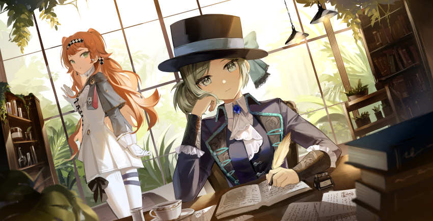 2girls :| absurdres ascot black_bow black_hat black_jacket black_vest blue_bow blue_brooch boater_hat book book_stack bookshelf bow checkered_hairband closed_mouth collared_shirt cowboy_shot cup day dot_mouth dress dutch_angle elbow_rest gloves green_eyes grey_cloak grey_eyes grey_hair hair_bun hairband hand_on_own_cheek hand_on_own_face hand_up hanging_light hat hat_bow head_rest highres holding holding_pen holding_quill indoors jacket kyo_(maae00) long_hair long_sleeves looking_at_viewer looking_back monstera_deliciosa multiple_girls open_book orange_hair pants pants_under_dress pen plant potted_plant quill reverse:1999 saucer shirt single_side_bun sonetto_(reverse:1999) standing table teacup thigh_bow turning_head vertin_(reverse:1999) vest waistcoat white_ascot white_dress white_gloves white_pants white_shirt window