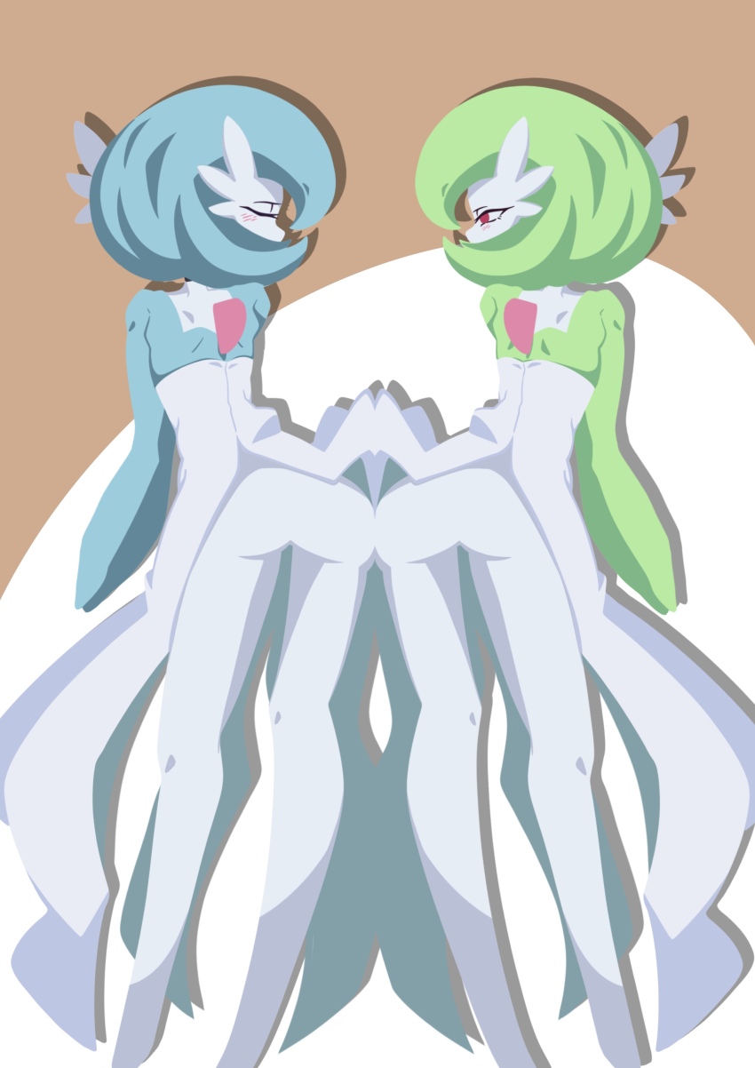 2girls absurdres alternate_color arm_at_side ass ass-to-ass back black_choker blue_hair blue_skin blush bob_cut brown_background choker closed_eyes colored_skin creatures_(company) drop_shadow female_focus from_behind full_body game_freak gardevoir gen_3_pokemon green_hair green_skin highres leaning_forward legs light_blush looking_at_another looking_to_the_side mikesi_quan multicolored_skin multiple_girls nintendo no_lineart pokemon pokemon_(creature) red_eyes shiny_and_normal shiny_pokemon short_hair simple_background standing symmetry thighs two-tone_background two-tone_skin u_u white_skin