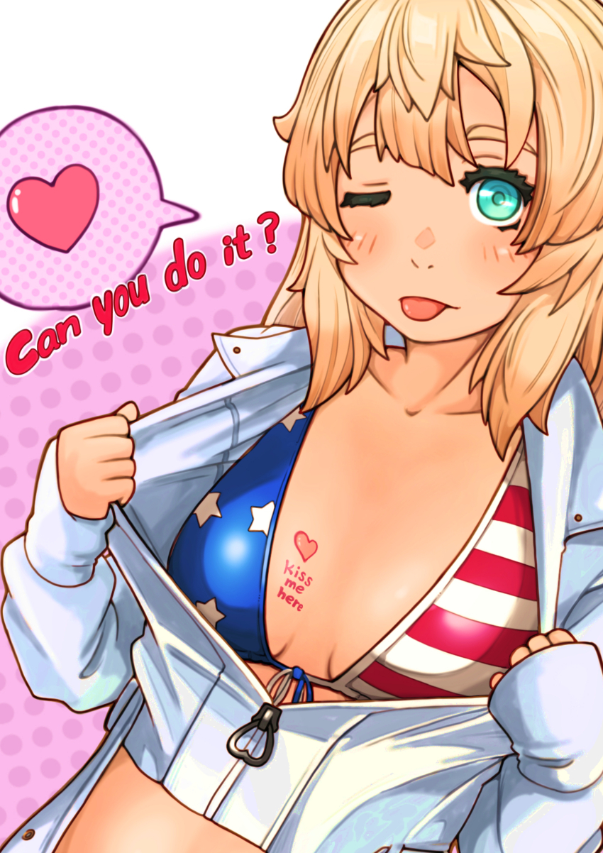 1girl :p absurdres american_flag american_flag_bikini american_flag_print aqua_eyes bikini blonde_hair blush body_writing breasts bridget_(guilty_gear) clothes_pull cropped_jacket english_text flag_print flag_print_bikini genderswap genderswap_(mtf) guilty_gear heart highres jacket looking_at_viewer medium_hair one_eye_closed partially_unzipped print_bikini small_breasts spoken_heart sugajyun swimsuit tongue tongue_out upper_body white_jacket