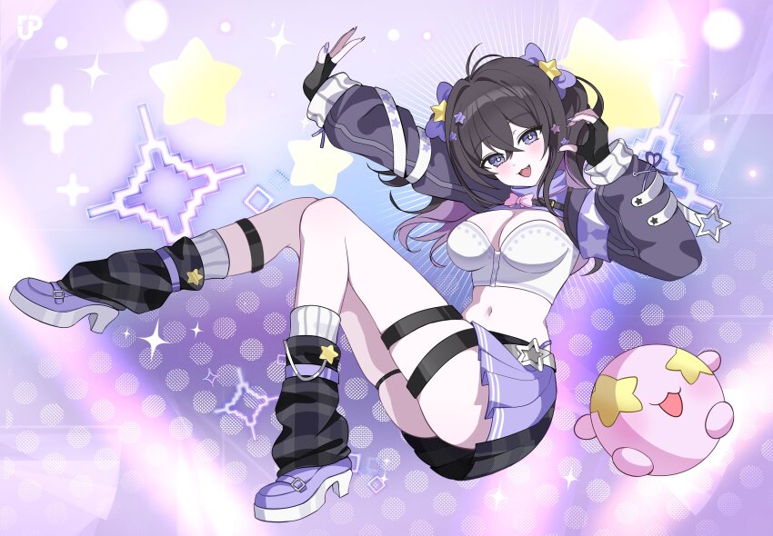 1girl :3 absurdres ass_peek black_gloves black_hair bow breasts bright_pupils cleavage cleavage_cutout clothing_cutout colored_inner_hair colored_shoe_soles crossed_bangs fang fingerless_gloves floating full_body gloves hair_bow hair_ornament hanavi highres large_breasts leg_belt leg_warmers long_hair long_sleeves looking_at_viewer midriff miniskirt mixed-language_commentary multicolored_hair multiple_thigh_straps navel official_art plaid_clothes plaid_leg_warmers pleated_skirt purple_eyes purple_hair purple_shoes second-party_source shoes shrug_(clothing) skirt smile solo star_(symbol) star_hair_ornament strapless stuffed_toy thigh_strap tube_top two_side_up virtual_youtuber yumeno_mirai_(hanavi) zije