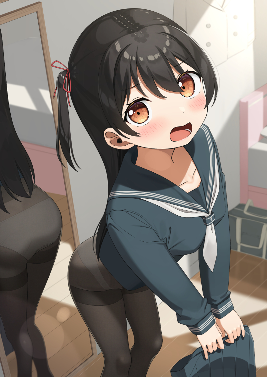 1girl apollo_(hu_maple) ass black_hair black_pantyhose black_sailor_collar blush brown_eyes choppy_bangs commentary_request day hair_ribbon highres indoors leaning_forward long_hair long_sleeves mirror neckerchief no_pants one_side_up open_mouth original panties panties_under_pantyhose pantyhose pleated_skirt red_ribbon reflection ribbon sailor_collar sailor_shirt school_uniform shirt skirt solo thighband_pantyhose underwear unworn_skirt white_neckerchief white_panties window_shadow