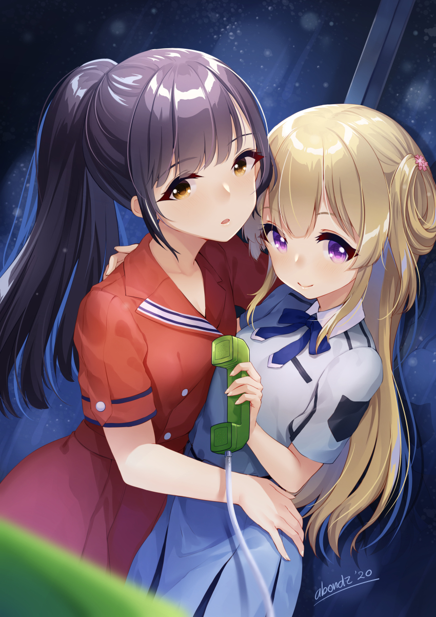 22/7 2girls abondz absurdres amaki_sally black_hair blonde_hair blunt_bangs blurry blurry_foreground boku_wa_sonzai_shiteinakatta brown_eyes character_request dress fujima_sakura highres hug long_hair looking_at_viewer multiple_girls nani_mo_shiteagerarenai phone pleated_dress ponytail purple_eyes school_uniform signature smile voice_actor