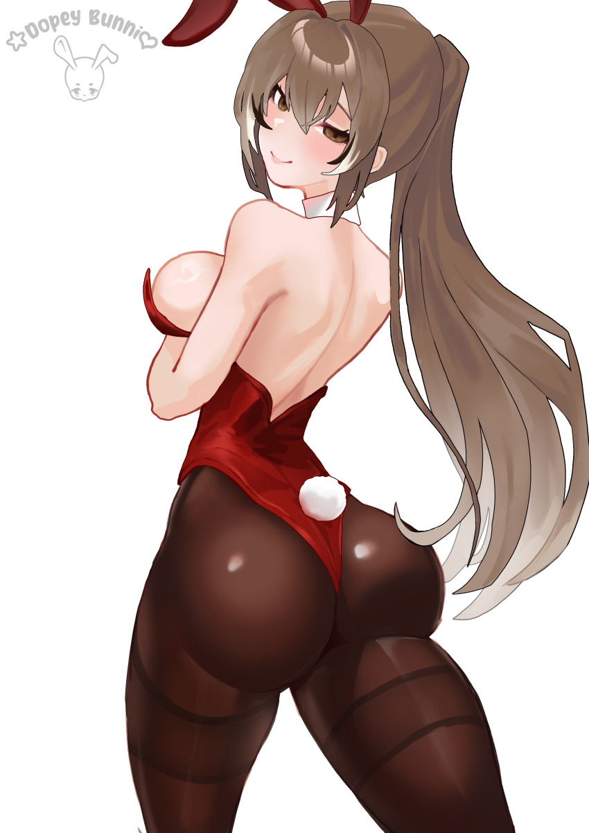 1girl absurdres alternate_costume animal_ears ass black_pantyhose breasts brown_eyes brown_hair commentary detached_collar dopeybunni english_commentary fake_tail from_behind half-closed_eyes highleg highleg_leotard highres hololive hololive_english leotard long_hair looking_at_viewer multicolored_hair nanashi_mumei pantyhose playboy_bunny ponytail rabbit_ears rabbit_tail red_leotard simple_background smile solo strapless strapless_leotard streaked_hair tail very_long_hair virtual_youtuber white_background