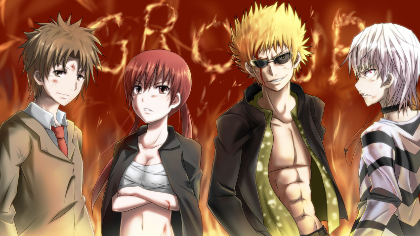 1girl 3boys accelerator_(toaru_majutsu_no_index) bandages choker delf etzali formal_clothes highres multiple_boys musujime_awaki open_clothes open_shirt school_uniform shirt striped_clothes striped_shirt sunglasses toaru_majutsu_no_index tsuchimikado_motoharu unabara_mitsuki