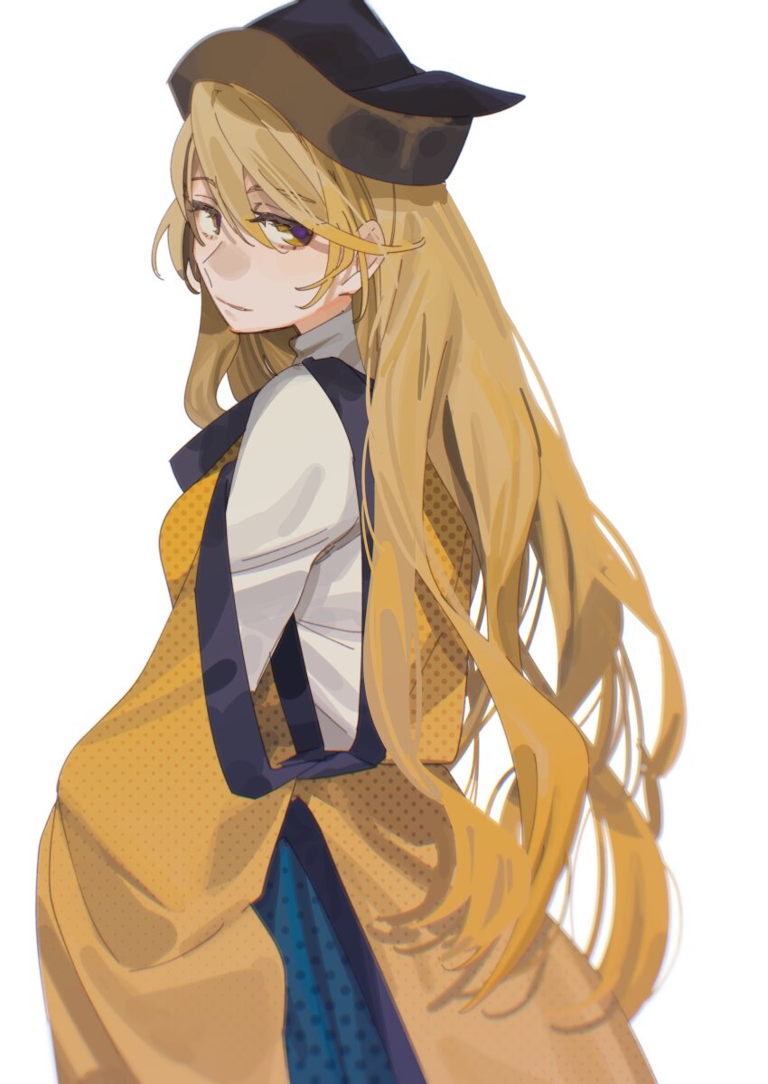 1girl absurdres black_hat blonde_hair blue_skirt breasts closed_mouth commentary_request cowboy_shot detached_sleeves from_side hair_between_eyes half-closed_eyes hat highres long_hair long_sleeves looking_at_viewer matara_okina medium_breasts orange_sleeves orange_tabard polka_dot polka_dot_skirt shi_chimi shirt simple_background skirt smile solo standing tabard touhou turtleneck turtleneck_shirt white_background white_shirt wide_sleeves yellow_eyes