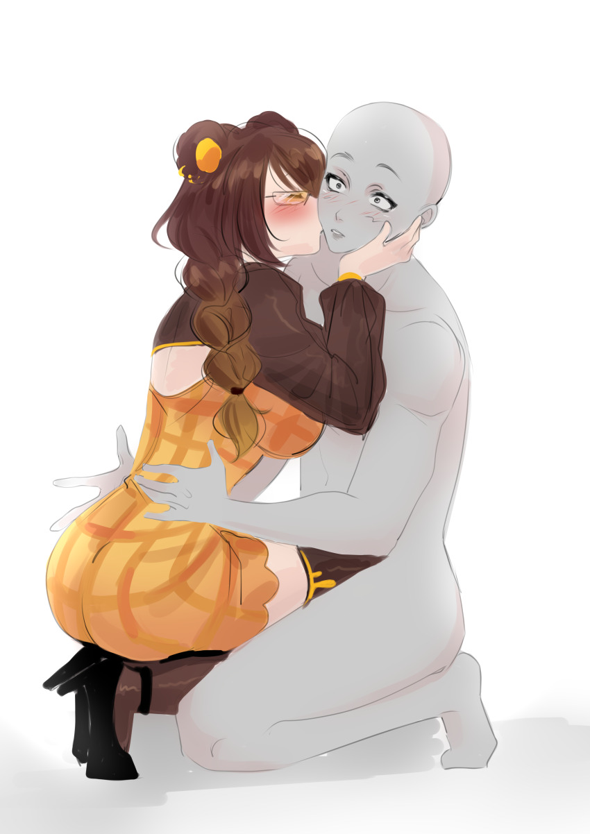 1boy 1girl absurdres animal_ears bear_ears bear_girl beary_ein blush braid brown_hair ear_piercing glasses gradient_hair high_heels highres indie_virtual_youtuber kiss kissing_cheek kosmoarts multicolored_hair piercing shoes virtual_youtuber white_background wide-eyed