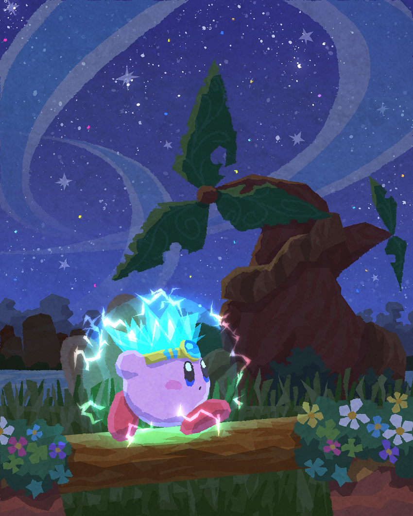 blush_stickers flower glowing grass highres kirby kirby_(series) log miclot night night_sky nintendo no_humans outdoors sky spark_kirby star_(sky) starry_sky tree water