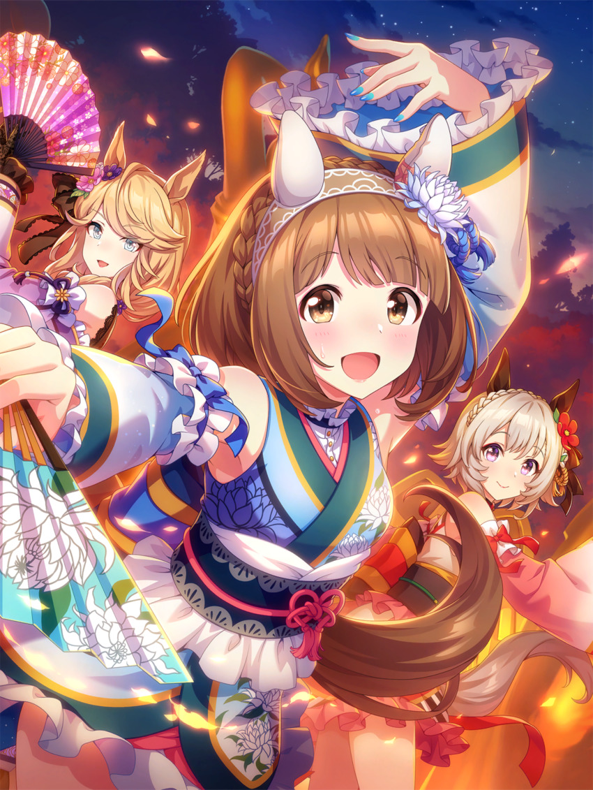 3girls absurdres animal_ears blonde_hair blush brown_hair cloud curren_chan_(miss_sad_;_miss_beautiful)_(umamusume) curren_chan_(umamusume) detached_sleeves gold_city_(akizakura_danzatrice)_(umamusume) gold_city_(umamusume) headband highres horse_ears horse_girl horse_tail japanese_clothes kimono looking_at_viewer medium_hair multiple_girls nail_polish night official_art short_hair silver_hair sky star_(sky) starry_sky tail umamusume yukata yukino_bijin_(illuminate_the_evening_with_a_votive_dance)_(umamusume) yukino_bijin_(umamusume)
