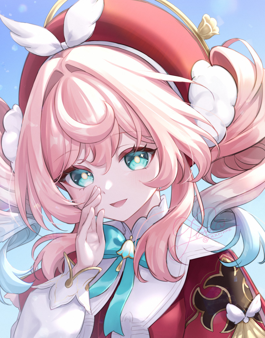 1girl absurdres aqua_bow aqua_bowtie aqua_eyes aqua_hair blue_sky bow bowtie commentary_request dress drill_hair hat highres honkai:_star_rail honkai_(series) hyacine_(honkai:_star_rail) multicolored_hair pink_hair red_dress red_hat rinna_(xxrinna) sky smile solo twin_drills twintails two-tone_hair