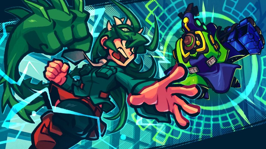1boy 1girl big_band breasts cosplay cyborg dark-skinned_female dark_skin extra_mouth filia_(skullgirls) green_eyes green_hair green_thighhighs hair_bondage hat highres instrument ionicisaac large_breasts living_hair long_hair lucio_(overwatch) lucio_(overwatch)_(cosplay) midoriya_izuku midoriya_izuku_(cosplay) navel necktie open_mouth prehensile_hair punching saxophone school_uniform skirt skullgirls thighhighs