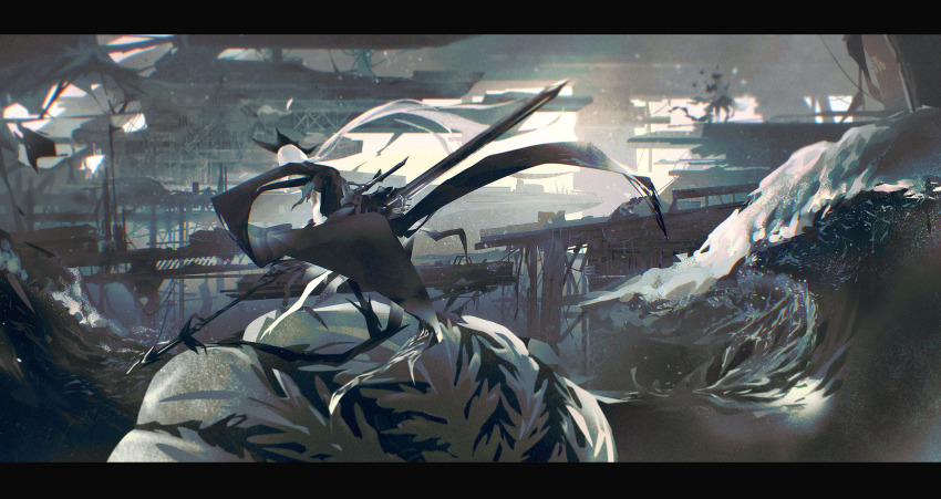 2girls absurdres arknights back black_cape black_headwear cape crane_(machine) foaming_waves full_body gladiia_(arknights) hat highres letterboxed light176 long_hair looking_at_another multiple_girls ocean polearm riding ruins scaffolding seaborn_(arknights) skadi_(arknights) skadi_the_corrupting_heart_(arknights) very_long_hair waves weapon white_hair