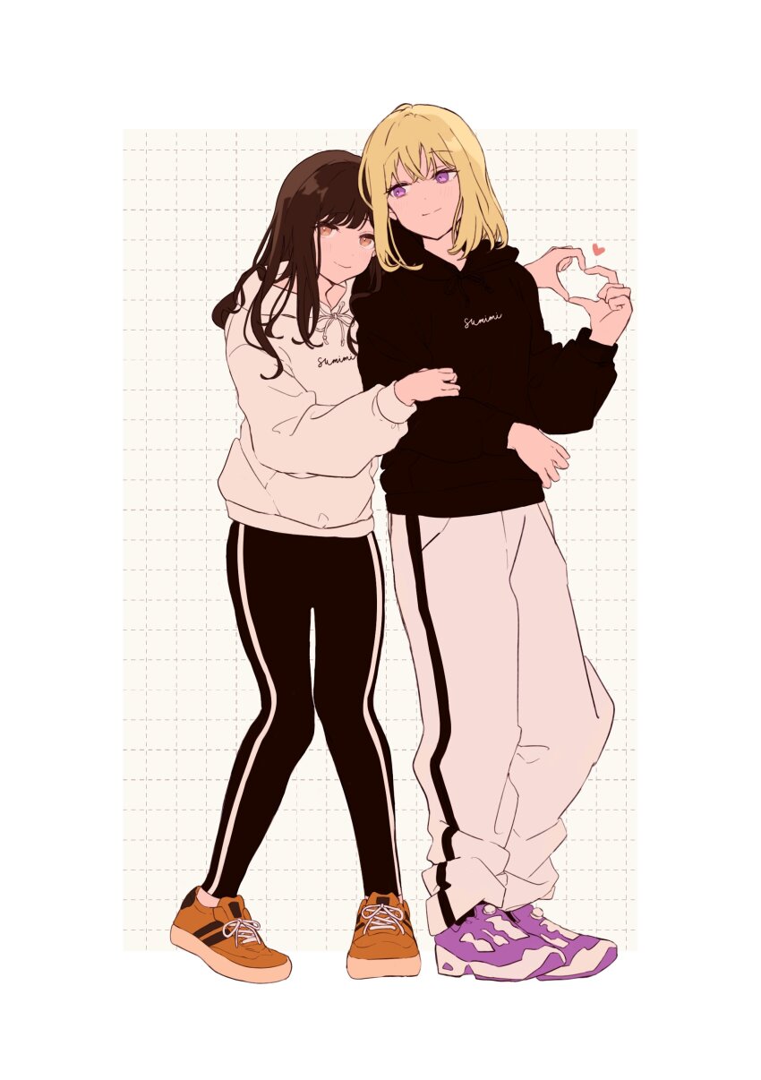 2girls absurdres bang_dream! bang_dream!_it&#039;s_mygo!!!!! black_hoodie black_pants blonde_hair border brown_hair closed_mouth color_coordination full_body heart heart_hands heart_hands_duo highres hood hood_down hoodie long_hair long_sleeves medium_hair misumi_uika multiple_girls orange_eyes orange_shoes pants protected_link purple_eyes purple_footwear shoes standing sumimi_(bang_dream!) sumita_mana watanuki_(enu) white_border white_hoodie white_pants