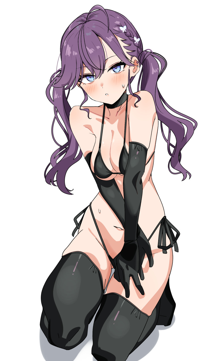 1girl absurdres bikini black_bikini black_choker black_gloves black_thighhighs blue_eyes blush breasts choker cleavage collarbone elbow_gloves full_body gakuen_idolmaster gloves highres idolmaster kaya_rinha kneeling large_breasts long_hair looking_at_viewer navel paid_reward_available parted_lips purple_hair seihekiog side-tie_bikini_bottom simple_background solo stomach swimsuit thighhighs thighs twintails underboob white_background
