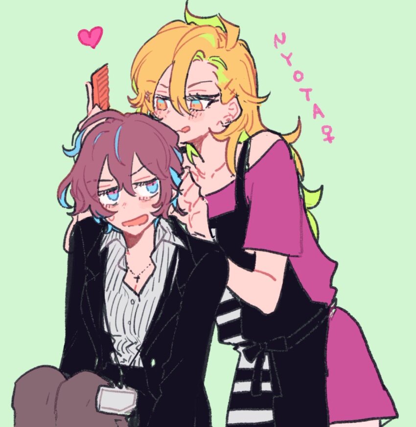 2girls :q adjusting_another&#039;s_hair ahoge apron arms_at_sides asymmetrical_bangs bad_id bad_twitter_id bags_under_eyes blonde_hair blue_background blue_eyes blush breasts cleavage collared_shirt comb cowboy_shot cross cross_necklace dress eyelashes furrowed_brow genderswap genderswap_(mtf) hair_between_eyes heart highres holding holding_comb hypnosis_mic izanami_hifumi jacket jewelry kannonzaka_doppo lanyard leaning_forward long_hair looking_at_another medium_breasts mido_mokuzu multicolored_eyes multicolored_hair multiple_girls necklace off-shoulder_dress off_shoulder office_lady open_clothes open_jacket pantyhose partially_unbuttoned peanut_mouth red_hair romaji_text shirt shirt_tucked_in short_dress short_hair simple_background sitting skirt streaked_hair suit_jacket sweatdrop tongue tongue_out two-tone_eyes v-shaped_eyebrows venus_symbol wavy_hair yellow_eyes