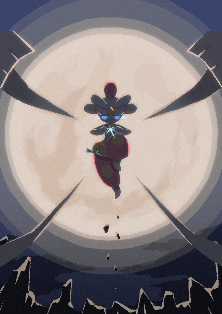 artist_request blue_eyes full_body full_moon gen_3_pokemon glowing glowing_eyes highres jumping looking_at_viewer medicham mega_medicham mega_pokemon moon night night_sky nintendo outdoors pokemon pokemon_(creature) sky solo