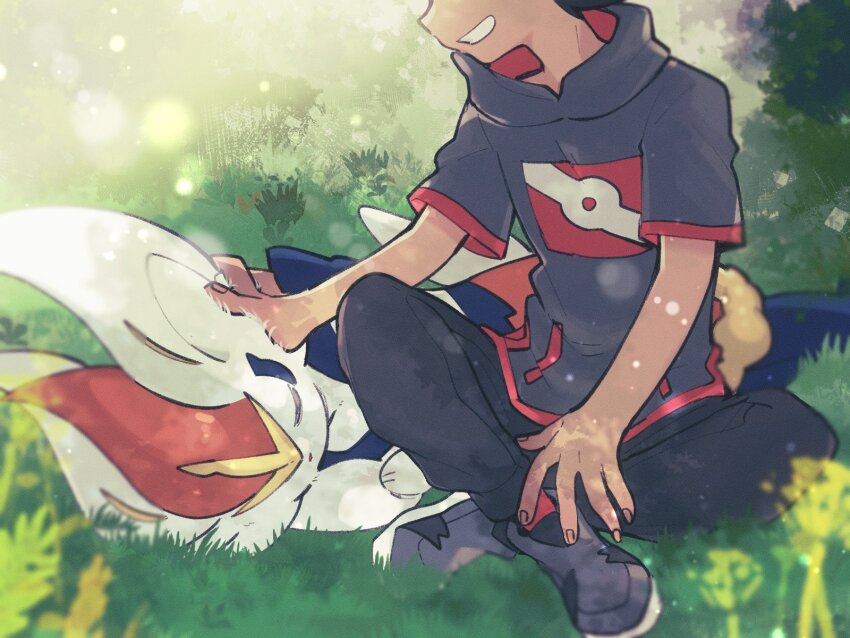 1boy bare_arms black_hair black_pants cinderace closed_eyes commentary_request creatures_(company) dappled_sunlight dark-skinned_male dark_skin eyes_out_of_frame game_freak gen_8_pokemon goh_(pokemon) grass grey_shirt grey_shoes grin head_out_of_frame highres indian_style lens_flare looking_at_another lying nintendo on_grass on_side pants petting pokemon pokemon_(anime) pokemon_(creature) pokemon_journeys shadow shirt shoes short_hair sitting sleeping smile sstoh sunlight teeth tree_shade white_fur