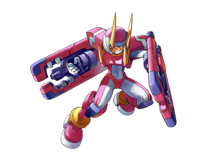 1boy facial_mark fighting_fefnir_(mega_man) full_body helmet highres holding_cannon horns male_focus mega_man_(series) mega_man_zero_(series) nzx78 red_eyes red_helmet simple_background solo white_background
