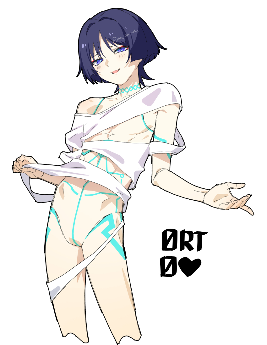 1boy absurdres arm_at_side blunt_ends clenched_hand contrapposto cropped_legs curled_fingers doll_joints eyeliner eyeshadow genshin_impact glowing_markings hag_(hag_015) half-closed_eyes highres holding holding_shirt holding_unworn_clothes joints light_blush like_and_retweet looking_at_viewer makeup male_focus midriff_peek no_genitals no_nipples open_mouth pectorals puppet purple_eyes purple_hair red_eyeliner red_eyeshadow ringed_eyes scaramouche_(genshin_impact) shirt single_bare_shoulder solo torn_clothes torn_shirt unworn_shirt wanderer_(genshin_impact) white_background white_shirt