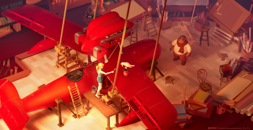 1boy 1girl 3d absurdres aircraft airplane artist_name bird blonde_hair book bookshelf brown_pants chair cup day dngu fio_piccolo highres indoors kurenai_no_buta ladder lamp mug paint pants paper phonograph pig_boy porco_rosso_(character) red_scarf scarf scroll seagull shirt standing stool television white_shirt wooden_floor wrench