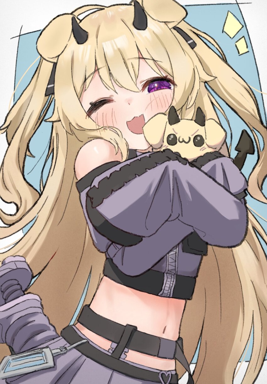 1girl animal animal_ears bare_shoulders black_horns black_ribbon blonde_hair blush cerber_(vtuber) crop_top demon_tail detached_sleeves dog_ears dog_girl from_side hair_between_eyes hair_ribbon hashtag-only_commentary highres holding holding_animal horns indie_virtual_youtuber long_hair long_sleeves navel one_eye_closed open_mouth pleated_skirt purple_eyes purple_shirt purple_skirt purple_sleeves ribbon shirt skirt sleeves_past_fingers sleeves_past_wrists tail two_side_up tylerkohillust upper_body very_long_hair virtual_youtuber zipper