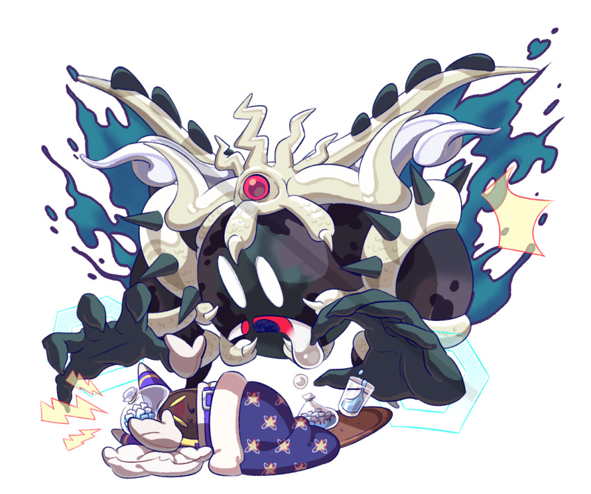 bag_over_head crown dual_persona headache ibn123 ice ice_cube kirby&#039;s_return_to_dream_land kirby_(series) looking_at_another magolor magolor_soul master_crown nintendo no_humans rayman_limbs star_(symbol) under_covers