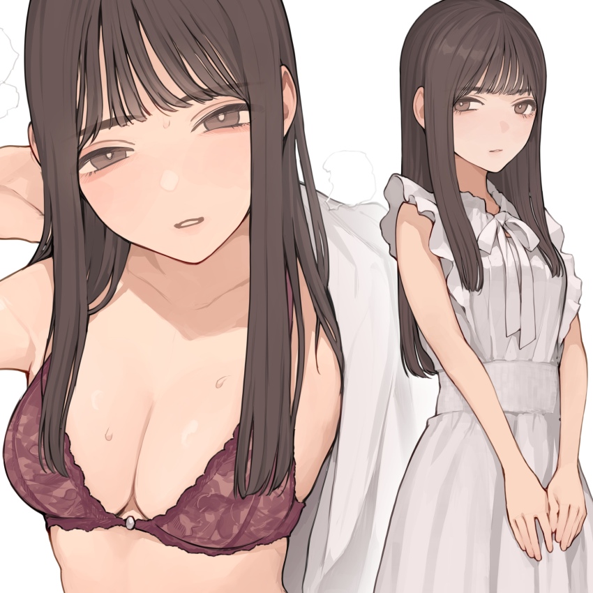 1girl absurdres black_hair bra breasts brown_bra brown_eyes cleavage collarbone dress frilled_dress frills highres koh_(minagi_kou) large_breasts long_hair multiple_views original parted_lips sidelocks simple_background sleeveless sleeveless_dress standing underwear underwear_only white_background white_dress