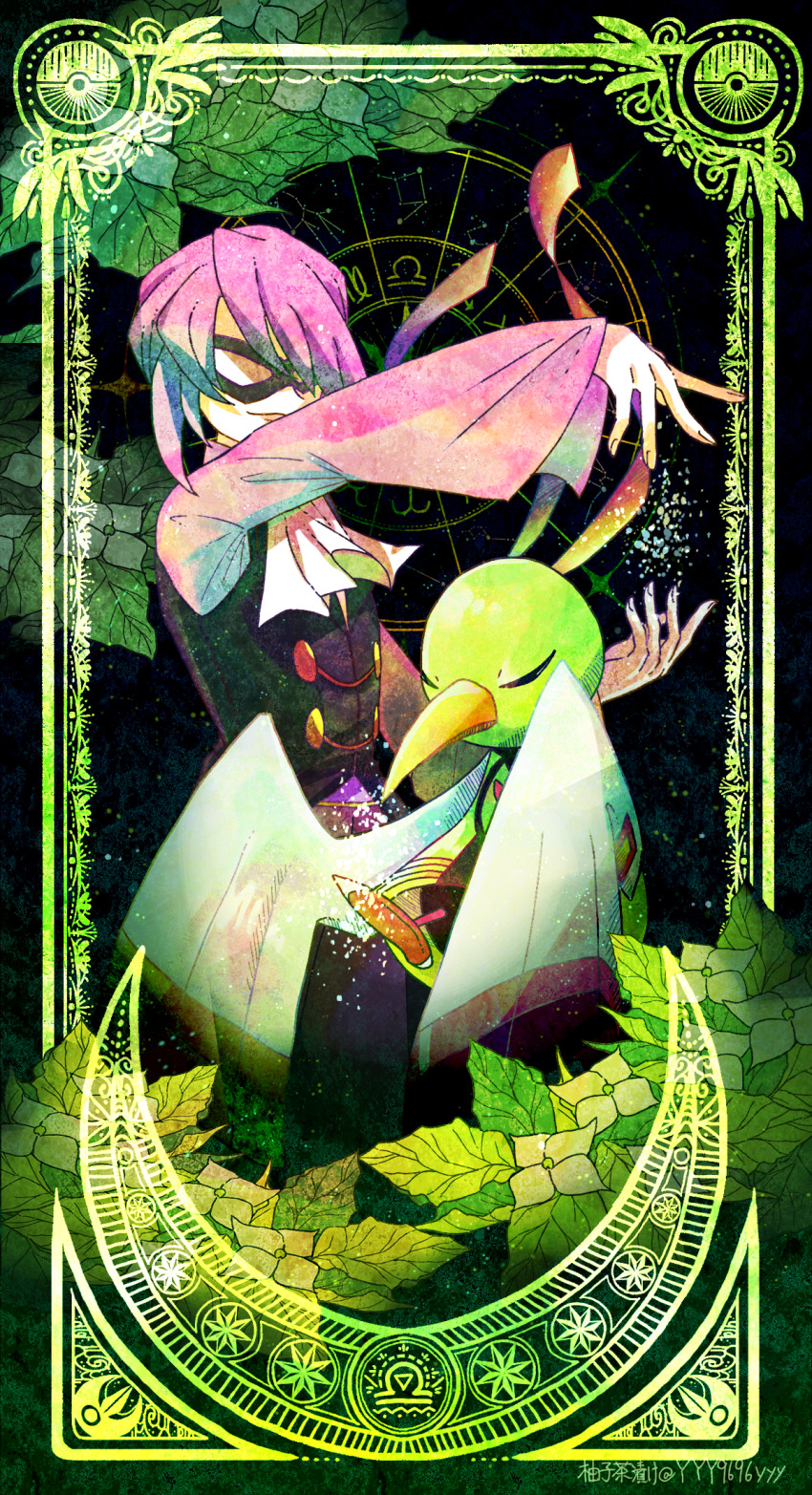 1boy closed_eyes closed_mouth commentary_request creatures_(company) eye_mask flower game_freak gen_2_pokemon gen_3_pokemon highres leaf long_sleeves lunatone male_focus nintendo open_mouth poke_ball_symbol pokemon pokemon_(creature) pokemon_hgss purple_hair sky star_(sky) starry_sky will_(pokemon) xatu yyy9696yyy zodiac
