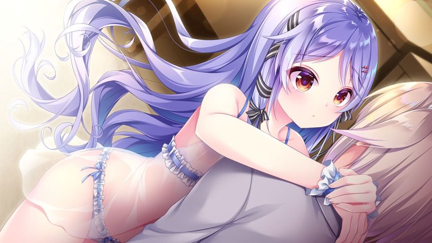 1boy 1girl blue_panties blush bow brother_and_sister closed_mouth dutch_angle floating_hair frilled_panties frills game_cg grey_jacket hair_bow hair_ribbon hetero hoshi_no_otome_to_rikka_no_shimai hug incest indoors jacket lingerie long_hair mutou_kurihito nanotaro panties parted_bangs purple_hair red_bow red_eyes ribbon see-through_clothes short_hair siblings side-tie_panties striped_ribbon underwear very_long_hair white_hair yamabuki_alice yamabuki_yuki