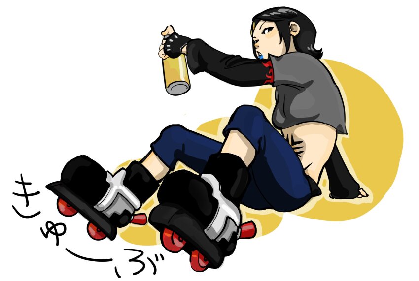 black_sleeves blue_lips blue_pants can crop_top cube_(jsr) fingerless_gloves gloves hair_ornament highres holding holding_can jet_set_radio layered layered_clothes layered_sleeves long_sleeves looking_at_viewer pants roller_skates sega shoulder_tattoo skates spray_can swept_bangs tattoo vol2pencil