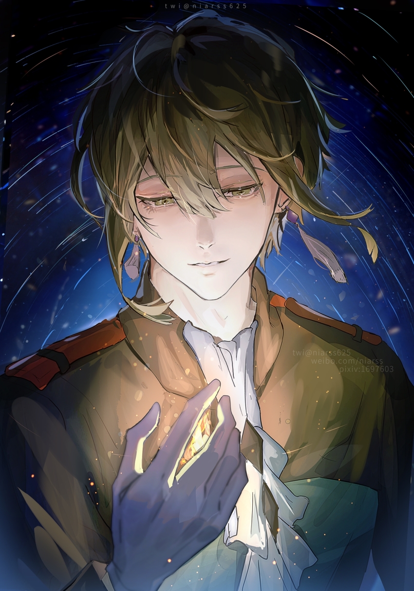 1boy ascot brown_eyes brown_hair earrings elan_ceres english_text gundam gundam_suisei_no_majo hair_between_eyes highres jewelry long_sleeves niarss open_mouth short_hair smile watermark web_address