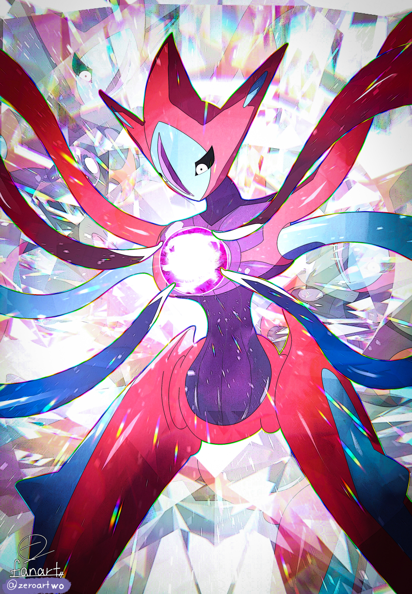 absurdres black_sclera blue_skin colored_sclera colored_skin deoxys deoxys_(attack) energy_ball gen_3_pokemon glowing grey_skin highres multicolored_skin mythical_pokemon nintendo no_humans no_mouth pokemon pokemon_(creature) pokemon_move psycho_boost_(pokemon) red_skin signature solo tentacles twitter_username white_eyes zeroartwo