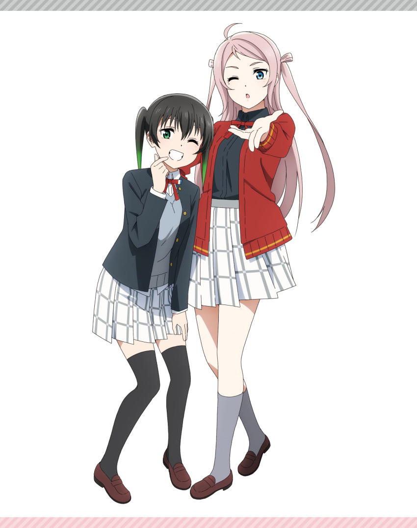 2girls ahoge artbook black_hair black_jacket black_thighhighs blue_eyes cardigan gradient_hair green_eyes green_hair highres jacket long_hair looking_at_viewer love_live! love_live!_nijigasaki_high_school_idol_club medium_hair mole multicolored_hair multiple_girls neck_ribbon nijigasaki_school_uniform non-web_source official_art one_eye_closed open_clothes open_jacket pink_hair pleated_skirt red_ribbon ribbon school_uniform shirt shoes skirt smile socks standing swept_bangs takasaki_yu thighhighs twintails two-tone_hair two_side_up white_skirt winter_uniform zettai_ryouiki zhong_lanzhu