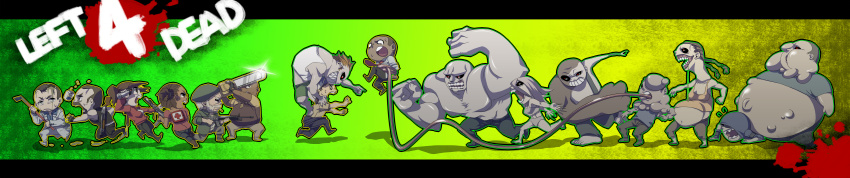 4girls 6+boys absurdres assault_rifle bill_(left4dead) bomb boomer_(left4dead) charger_(left4dead) chibi coach_(left_4_dead) ellis_(left4dead) epic everyone explosive first_aid_kit francis_(left4dead) green_hat gun hat highres hunter_(left4dead) jockey_(left4dead) left_4_dead left_4_dead_2 long_image louis_(left4dead) m16 m16a2 moyo_(moyori) multiple_boys multiple_girls nick_(left4dead) pill pipe_bomb rifle rochelle_(left4dead) shotgun smoker_(left4dead) spitter_(left4dead) tank_(left4dead) weapon wide_image witch_(left4dead) zoey_(left4dead)