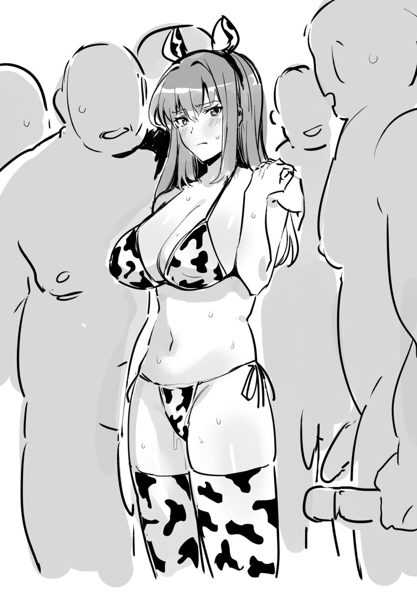 1girl 5boys animal_ears animal_print bikini blush breasts cleavage closed_mouth commentary_request cow_ears cow_print cow_print_bikini cow_print_thighhighs faceless faceless_male fake_animal_ears fat fat_man greyscale groin hetero highres juujou_kagari large_breasts long_hair looking_at_viewer monochrome multiple_boys navel print_bikini print_thighhighs simple_background sketch solo_focus standing stomach sweat swimsuit thighhighs toji_no_miko white_background yamamoto_kichiko