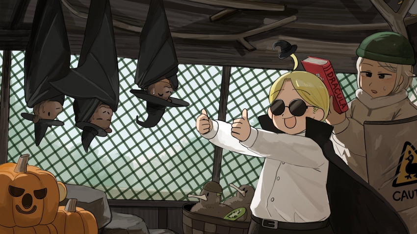2girls :d absurdres ahoge bat_(animal) bird black_cloak blonde_hair book bram_stoker&#039;s_dracula cassowary_keeper_(diva) cloak commentary diva_(hyxpk) donut_stamp double_thumbs_up duck english_commentary food fruit green_helmet grey_hair halloween halloween_costume hat helmet highres jack-o&#039;-lantern jacket kangaroo_keeper_(diva) kiwi_(bird) kiwi_(fruit) mini_hat mini_witch_hat multiple_girls open_mouth pumpkin round_eyewear shield shirt short_hair slice_of_life smile sunglasses sweatdrop thumbs_up upside-down white_jacket white_shirt witch_hat zoo zookeeper zookeepers_(diva)
