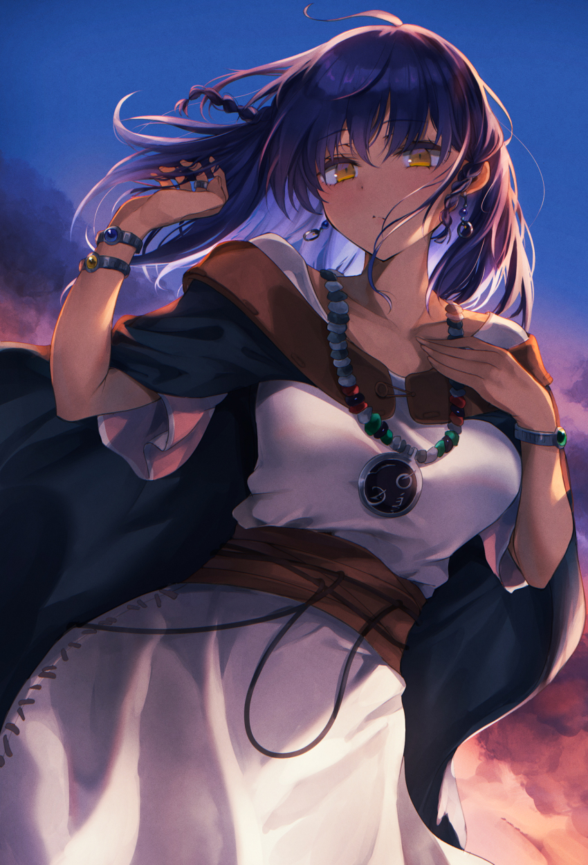 1girl blue_hair bracelet cape commentary dark-skinned_female dark_skin dress earrings evening highres jewelry lilun_jaminthida necklace outdoors puru_(ex-150) ring sky sky solo the_witch_of_ihanashi yellow_eyes