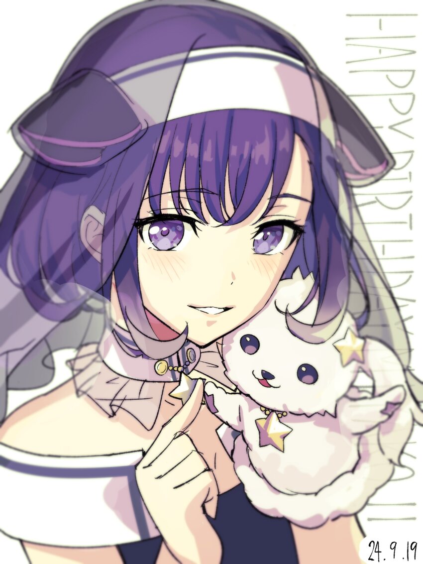 1girl absurdres animal_ears bang_dream! bang_dream!_mugendai_mewtype dated fuji_miyako hairband highres looking_at_viewer nobusawa_osamu open_mouth short_hair simple_background smile upper_body virtual_youtuber white_background