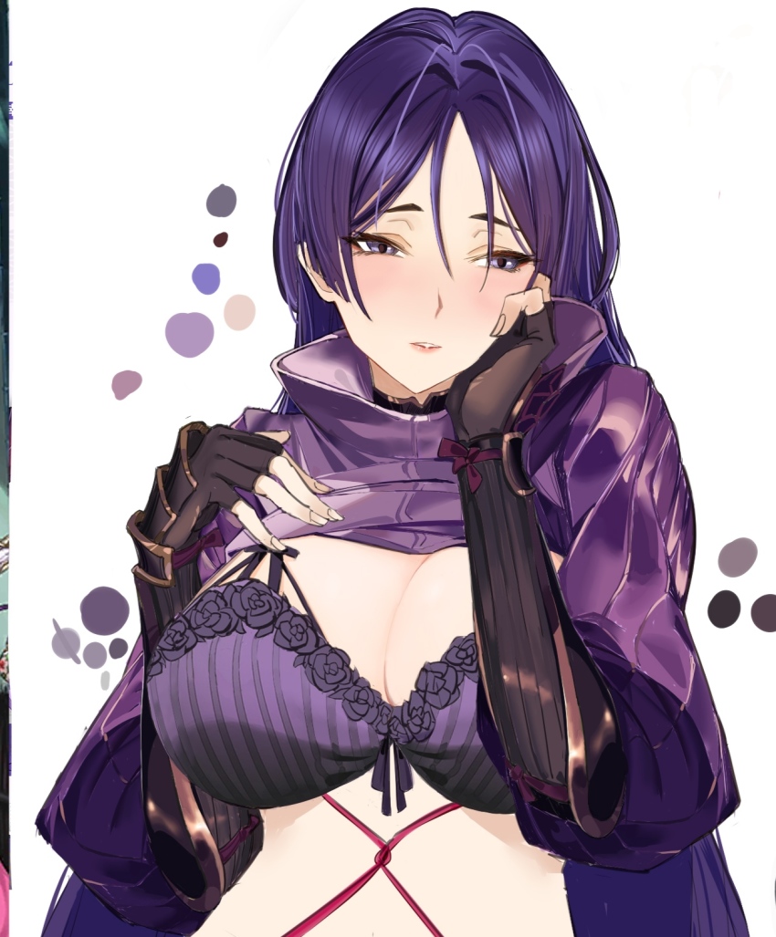 1girl armor bad_id bad_pixiv_id black_gloves bra breasts cleavage elbow_gloves fate/grand_order fate_(series) fingerless_gloves gloves highres japanese_armor kote large_breasts long_hair looking_to_the_side minamoto_no_raikou_(fate) parted_bangs parted_lips purple_bra purple_eyes purple_hair ribbed_sleeves ritalem solo underwear very_long_hair