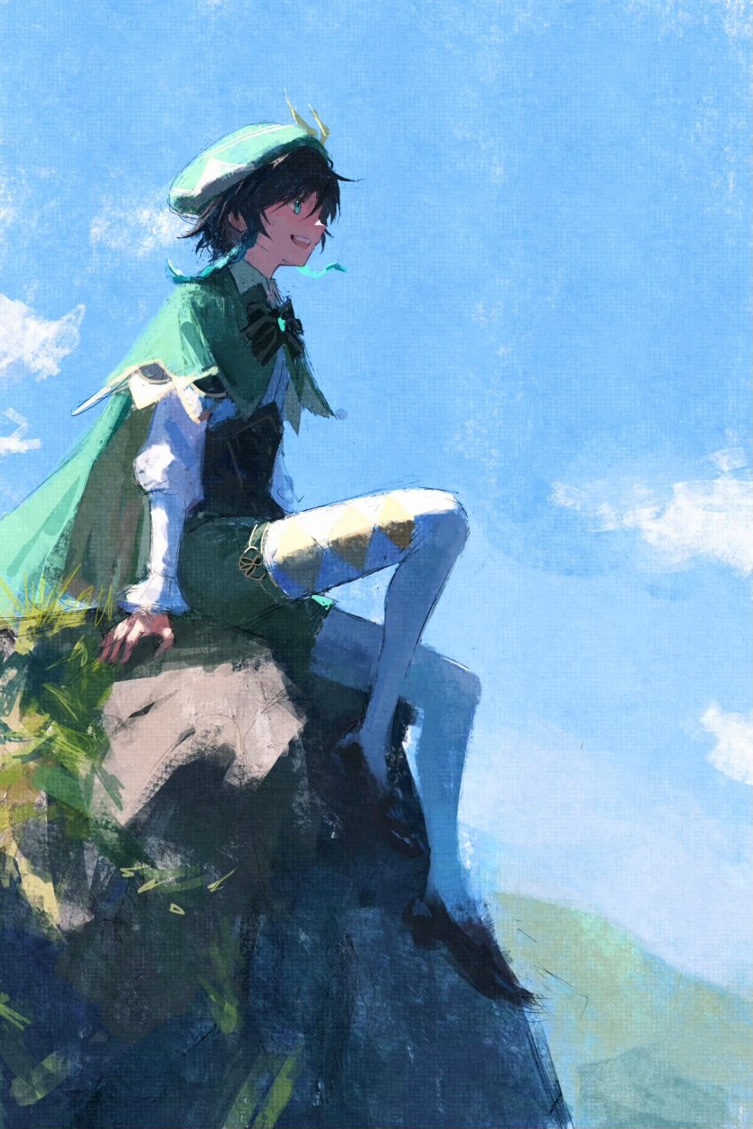 1boy beret black_hair blue_hair blue_sky braid cape cloud day flower fuyumurasaki genshin_impact gradient_hair grass green_cape green_eyes green_hat hat highres hill ledge male_focus multicolored_hair open_mouth outdoors painterly plant shirt sitting sky smile solo twin_braids venti_(genshin_impact)