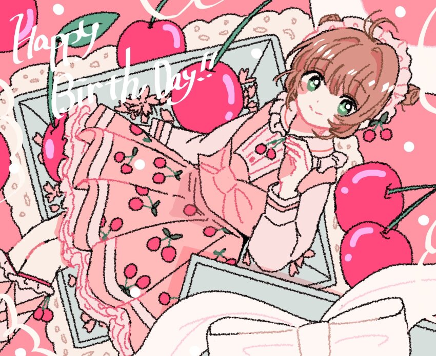 1girl blush brown_hair cardcaptor_sakura cherry cherry_print dress food food_print fruit fruit_print green_eyes hairband happy_birthday highres kinomoto_sakura looking_at_viewer me221rry pink_dress short_hair smile solo