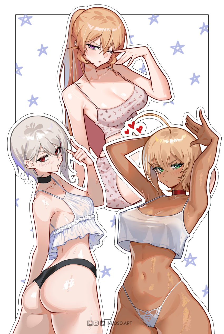 3girls :/ ahoge armpits arms_up ass black_choker black_panties blonde_hair blush breasts choker closed_mouth commentary cowboy_shot crop_top crop_top_overhang dark-skinned_female dark_skin english_commentary green_eyes grey_hair hair_between_eyes hand_up heart highleg highleg_panties highres inhoso instagram_logo large_breasts long_hair looking_at_viewer medium_breasts mito_ikumi multiple_girls nakiri_alice nakiri_erina navel one_eye_closed outline panties patreon_logo purple_eyes red_choker red_eyes shiny_skin shirt shokugeki_no_souma short_hair shorts sleepwear sleeveless sleeveless_shirt standing string_panties sweat thong twitter_logo underwear v-shaped_eyebrows white_outline white_panties white_shirt