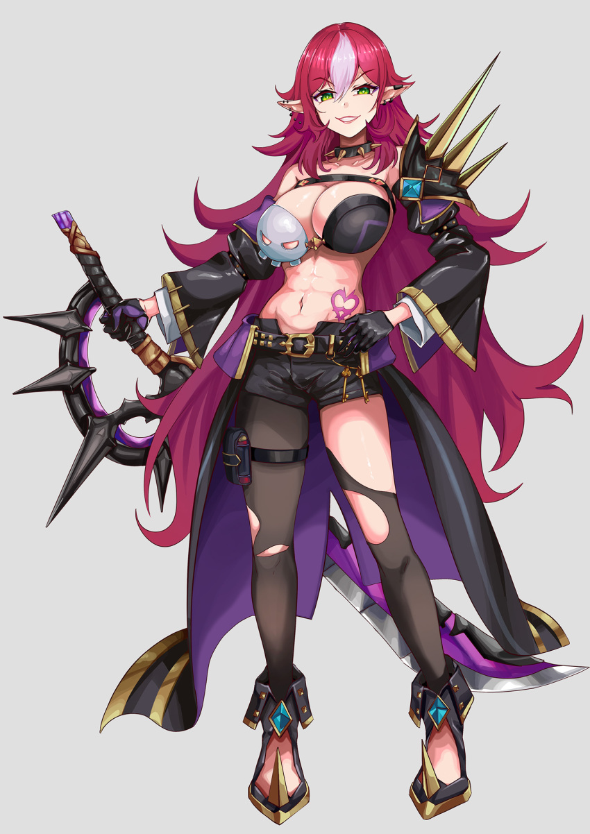 1girl abs armor belt bikini_armor black_belt black_collar black_footwear black_gloves black_pantyhose black_shorts black_sleeves black_thighhighs breasts collar curly_hair detached_sleeves ear_piercing earrings full_body gloves gold_buckle green_eyes hand_on_own_hip highres holding holding_sword holding_weapon jewelry keyring large_breasts lipstick long_hair makeup midriff mononoke_(pixiv53597254) multicolored_hair open_mouth pantyhose pauldrons piercing pointy_ears princess_connect! red_hair shorts shoulder_armor simple_background single_leg_pantyhose single_pauldron single_thighhigh solo spiked_armor spiked_boots spiked_collar spikes standing streaked_hair sword teeth thighhighs torn_clothes torn_pantyhose torn_thighhighs very_long_hair weapon white_sleeves white_streaks yamato_(princess_connect!)