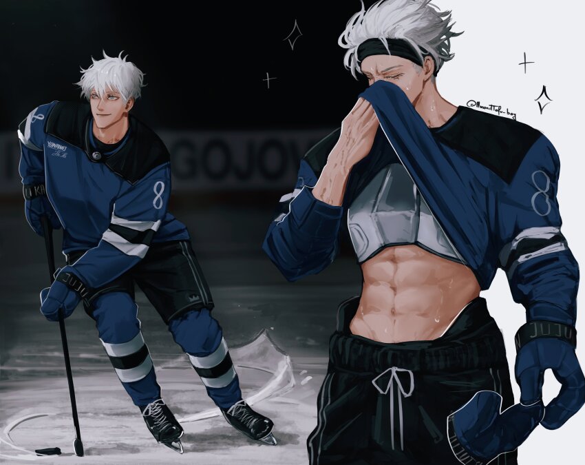 1boy abs absurdres almondtofu_boy blindfold blindfold_lift clothes_lift gloves gojou_satoru highres hockey_gloves hockey_puck hockey_stick hockey_sweater hockey_uniform holding_hockey_stick ice_hockey ice_skates jujutsu_kaisen male_focus muscular muscular_male shirt_lift skates solo white_hair