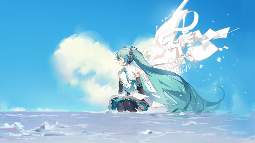1girl absurdres aqua_hair aqua_necktie arm_tattoo bare_shoulders black_skirt black_sleeves blue_sky closed_eyes cloud detached_sleeves hair_ornament hako_(misheyes) hatsune_miku hatsune_miku_happy_16th_birthday_-dear_creators- highres necktie skirt sky solo tattoo twintails vocaloid water wings