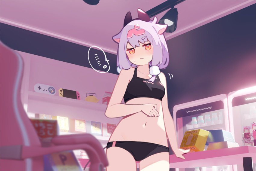 ... 1girl animal_ears bare_arms bare_shoulders black_bra black_panties blurry blurry_foreground blush bra chair closed_mouth controller copyright_request cowboy_shot depth_of_field game_controller grey_hair handheld_game_console highres horns indoors kettle looking_at_viewer mahjong motion_lines navel office_chair orange_hair panties pekeko_(pepekekeko) solo spoken_ellipsis standing strip_game strip_mahjong sweat swivel_chair table underwear underwear_only virtual_youtuber wavy_mouth